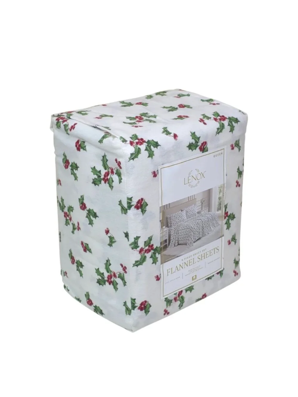 Lenox 6-Piece Queen Flannel Sheet Set With Holly Print 100% Cotton Cozy